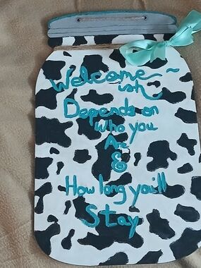 Cow Print Mason Jar Welcome-ish Front Door  Sign with Teal Script